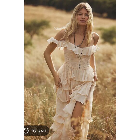 Anthropologie Dresses & Skirts - By Anthropologie Corset Tiered Lace Ruffle Maxi in Ivory Dress Medium $268